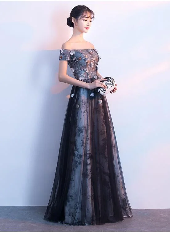 Beautiful Off Shoulder A-line Tulle with Floral Lace Applique, Long Evening Dress Tunics Solid Classic