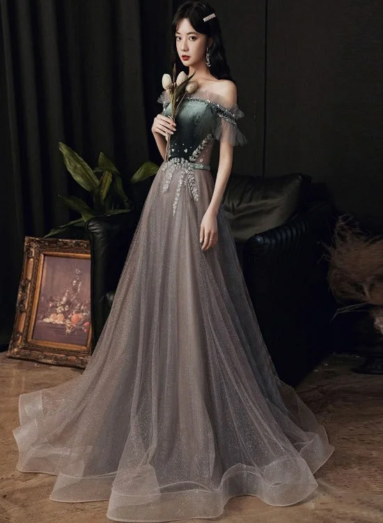 Beautiful Off Shoulder Velvet and Tulle Long Party Dress, A-line Evening Dress Prom Dresse Tunics Polka dots