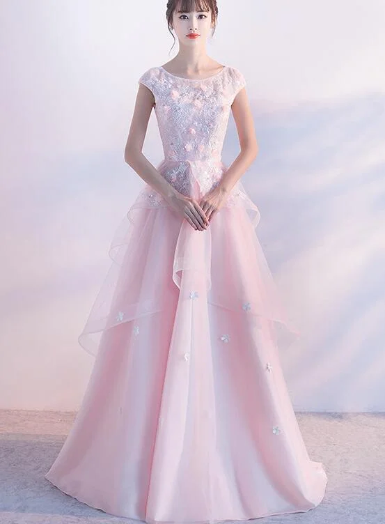 Beautiful Pink Flower Tulle and Satin Long Evening Dress, Pink Formal Dress Tunics Top rated