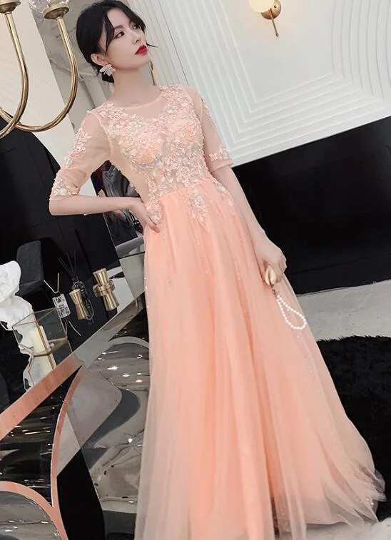 Beautiful Pink Short Sleeves Lace Long Party Dress, New Formal Gown Tunics Distressed trendy
