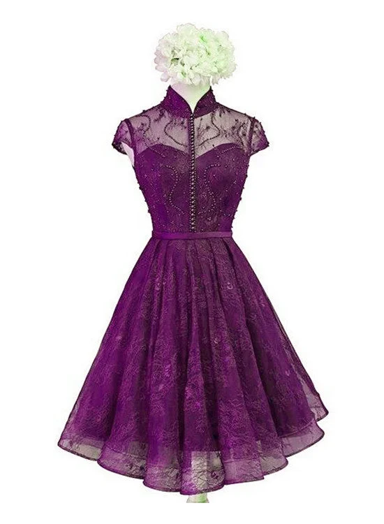 Beautiful Purple Lace Knee Length High Neckline Party Dress, Lace Wedding Party Dress Tunics Vintage classic