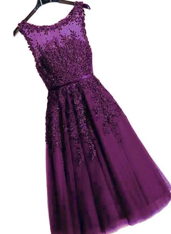 Beautiful Purple Tea Length Lace Applique Party Dress, Tulle with Lace Prom Dress Crew Neckline Casual