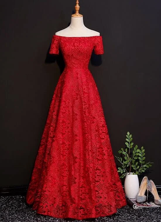 Beautiful Red Lace Off Shoulder Floor Length Party Dress, Red Formal Dress Tunics Print Colorful