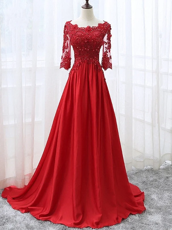 Beautiful Red Satin Short Sleeves Long Party Dress, Red Prom Dress Tunics Brand named