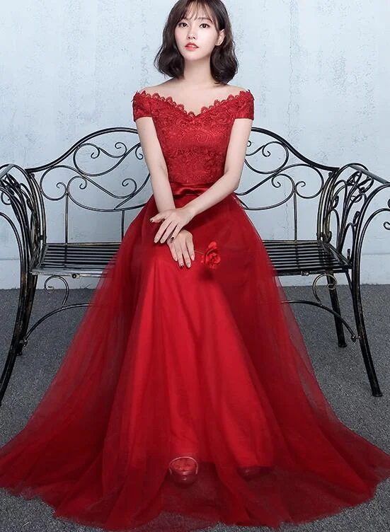 Beautiful Red Sweetheart Lace Top Long Party Dress, Off Shoulder Prom Dress Tunics Versatile functional