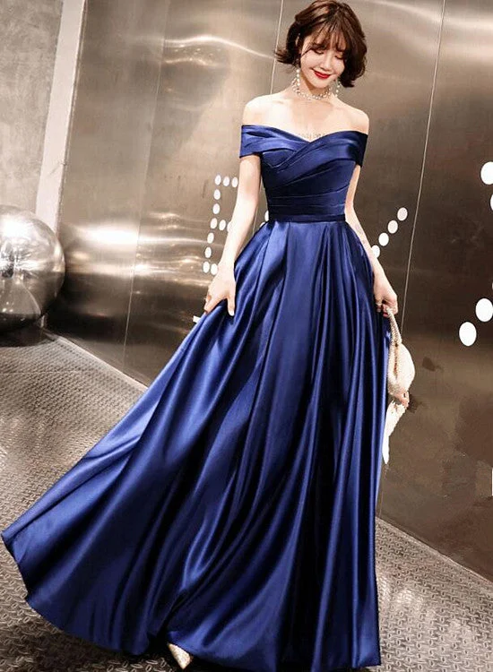 Beautiful Satin Navy Blue A-line Prom Dress, Off Shoulder Party Dress Tunics Plaid country