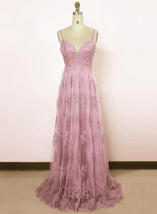 Beautiful Spaghetti Straps Lace Prom Dresses,Pink Lace A-line Party Dress Tunics Satin smooth