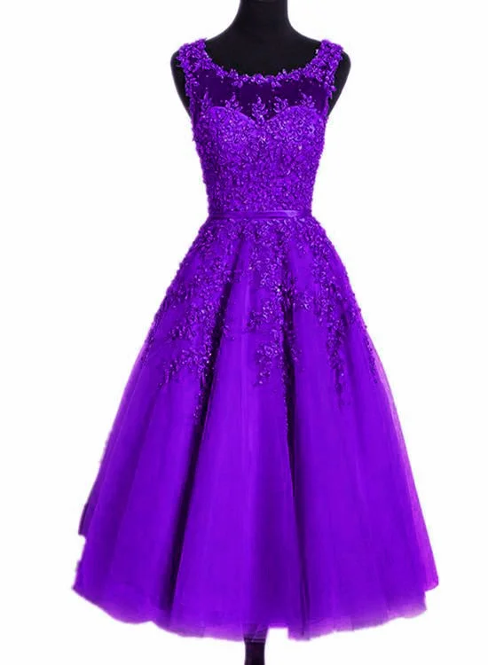 Beautiful Tea Length Purple Round Neckline Bridesmaid Dress, Lace Appplique Party Dress Tunics Corduroy durable