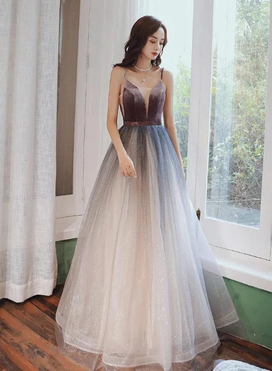 Beautiful Velvet and Gradient Tulle Straps Prom Dress, A-line Evening Party Dresses Tunics Summer linen