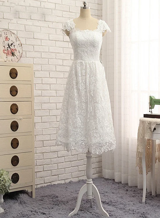 Beautiful White Lace Cap Sleeves Tea Length Party Dress, White Formal Dress Tunics Modern contemporary