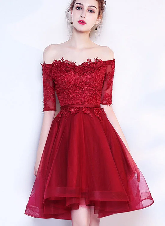 Beautiful Wine Red Lace and Tulle Short Sleeves Party Dress, Dark Red Homecoming Dress Crew Neckline Casual