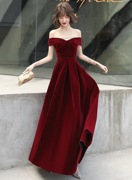 Beautiful Wine Red Off Shoulder Long Velvet Party Dress, Prom Dress Tunics Timeless classic