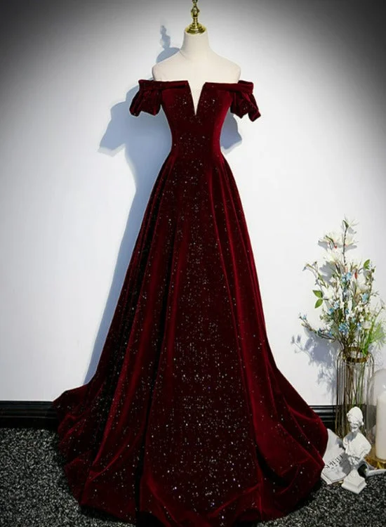 Beautiful Wine Red Off Shoulder Velvet Long Party Dress, A-line Dark Red Prom Dresses Tunics Seasonal trendy