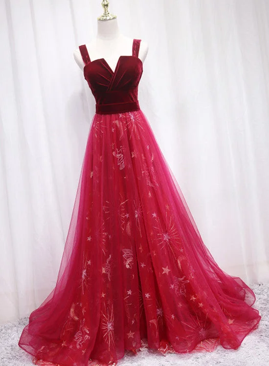 Beautiful Wine Red Tulle Long Straps Party Dress, A-line Formal Gown Tunics Chic elegant