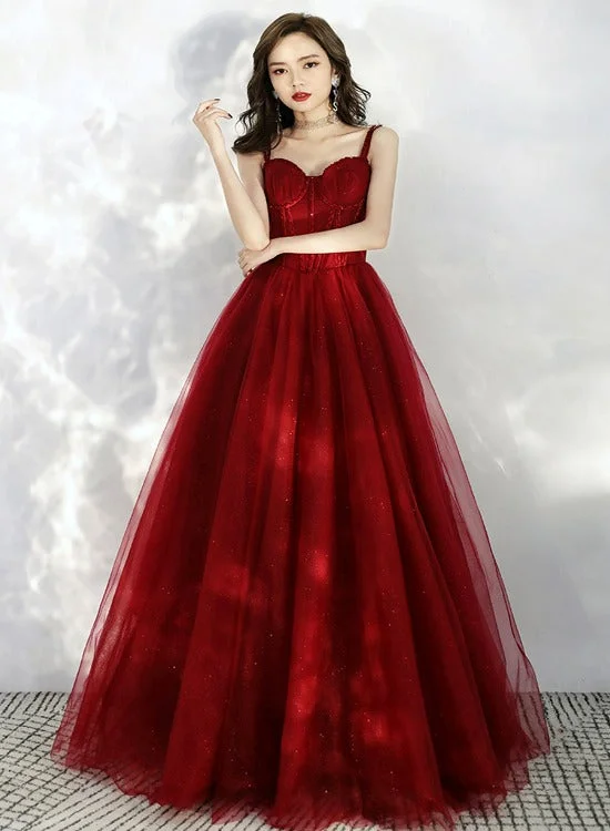 Beautiful Wine Red Tulle Off Shoulder Prom Dress, Dark Red Party Dress 2022 Tunics Travel practical