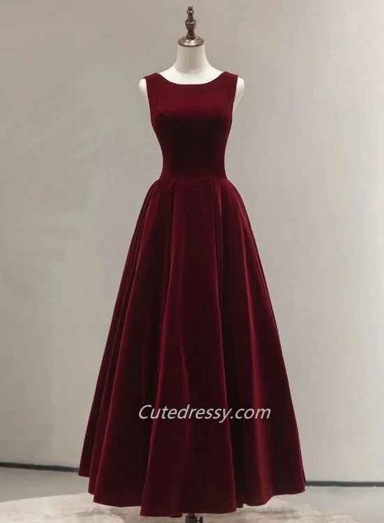 Beautiful Wine Red Velvet Long Simple Party Dress, Wine Red Bridesmaid Dresses Tunics Solid Classic