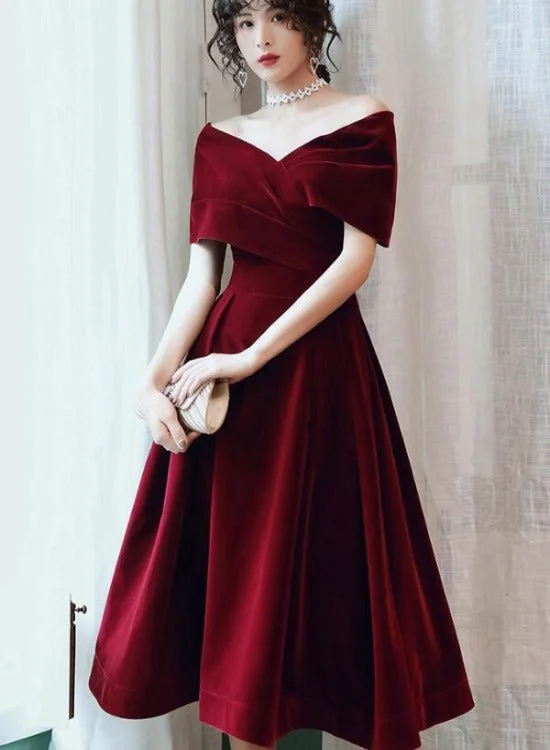 Beautiful Wine Red Velvet Tea Length Party Dress, Bridesmaid Dress Tunics Denim casual