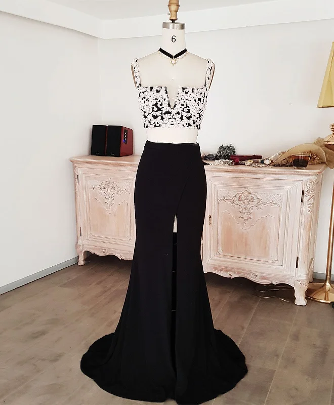 Black Lace Two Pieces Long Prom Dress, Black Evening Dress with Lace Beading Tunics Essential wardrobe