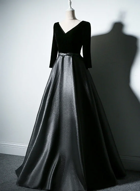 Black Satin And Velvet Long Sleeves Party Dress, Black Wedding Party Dresses Cowl Neckline Elegant