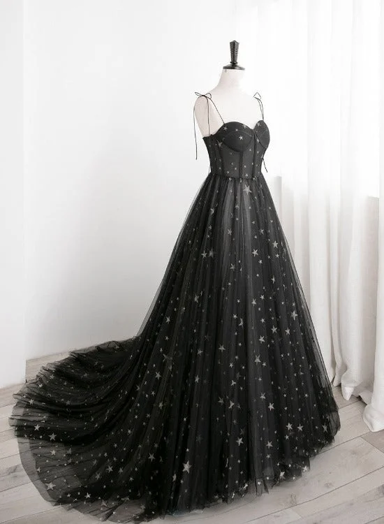 Black Sweetheart Tulle Straps Long Evening Dress, Black Formal Dress Party Dresses Tunics Formal black