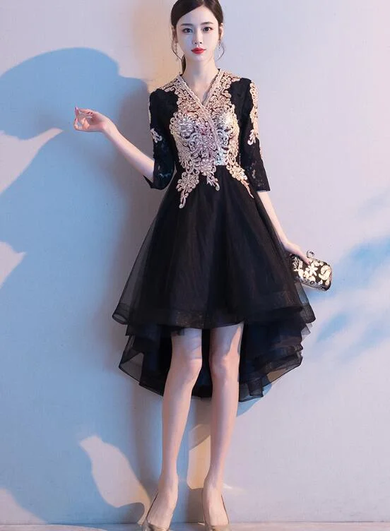 Black Tulle High Low Dress with Lace Applique, Short Wedding Party Dress Tunics Lace romantic