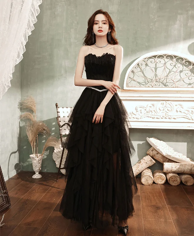 Black Aline Tulle Long Prom Dress, Black Formal Evening Dress with Feather Tunics Chic fashionable