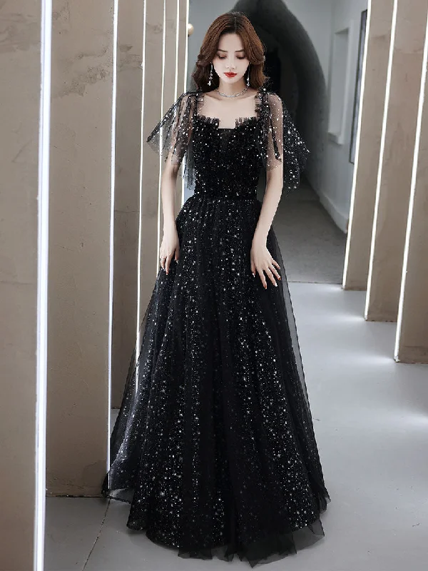 Black Tulle Off Shoulder Tulle Long Prom Dress Black Evening Dress Tunics Denim casual