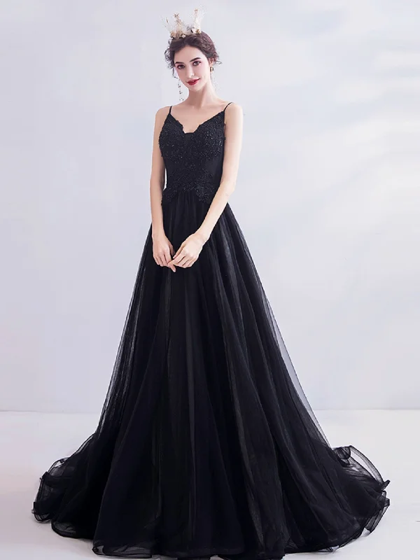 Black V Neck Tulle Lace Long Prom Dress, Black Evening Dress Bodycon Fitted Nightout