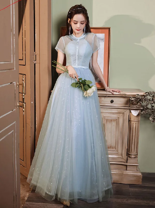 Blue A-line Tulle Long Prom Dress, Tulle Evening Dress Tunics Trendy modern