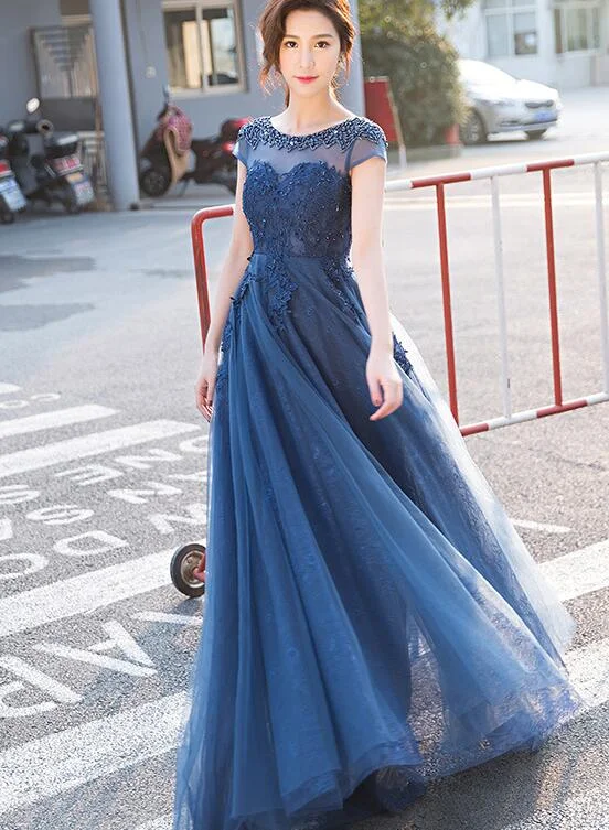 Blue Lace Cap Sleeves Long Evening Dress, A-line Backless Prom Dress Cowl Neckline Elegant