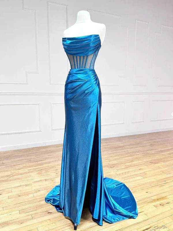 Blue Mermaid Satin Long Prom Dress, Mermaid Blue Formal Evening Dress Tunics Satin smooth