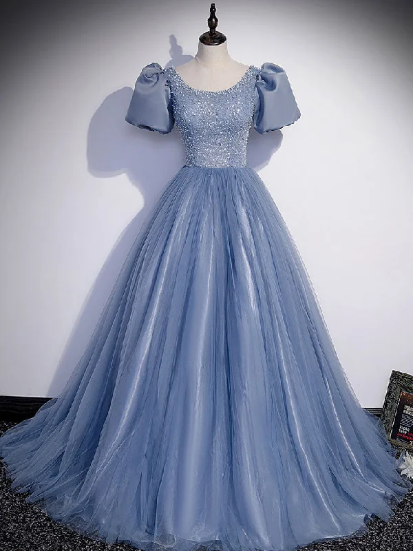 Blue Round Neck Tulle Sequin Beads Long Prom Dress, Blue Evening Dress Tunics Luxurious premium