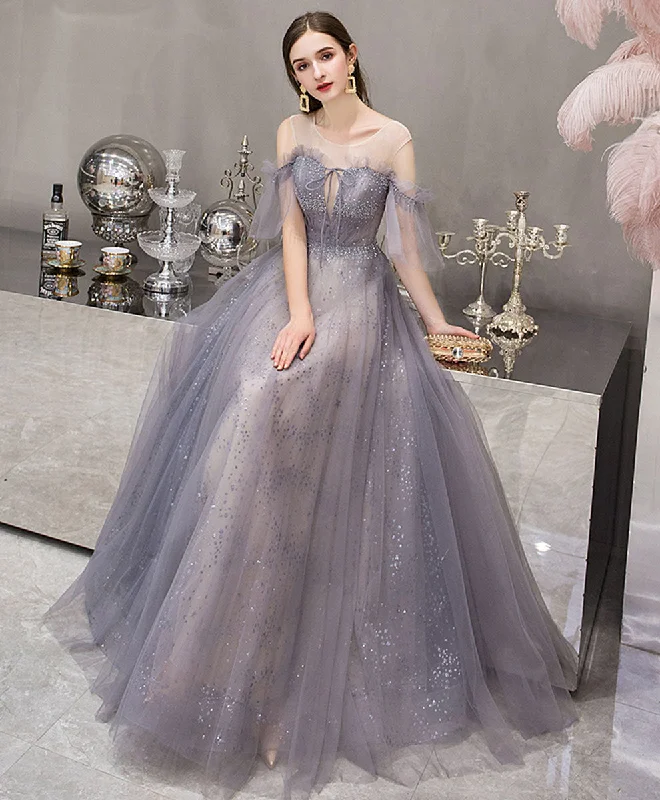 Blue Round Neck Tulle Sequin Long Prom Dress, Blue Evening Dress Tunics Sale discount