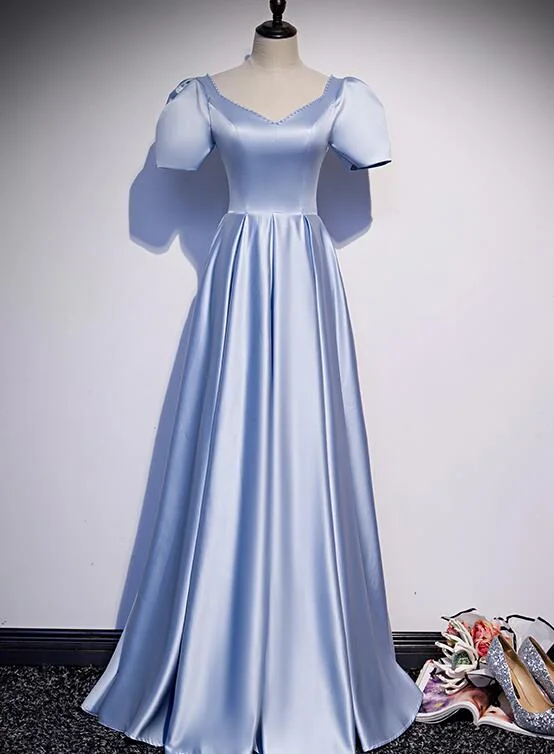 Blue Satin Beaded A-line Long Party Dress, Blue Prom Party Dresses Formal Dress Cowl Neckline Elegant