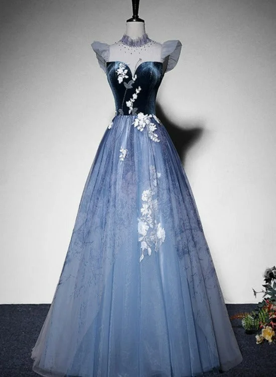 Blue Short Sleeves Tulle with Lace Long Party Dress, Blue Formal Gowns sweetheart Neckline Romantic