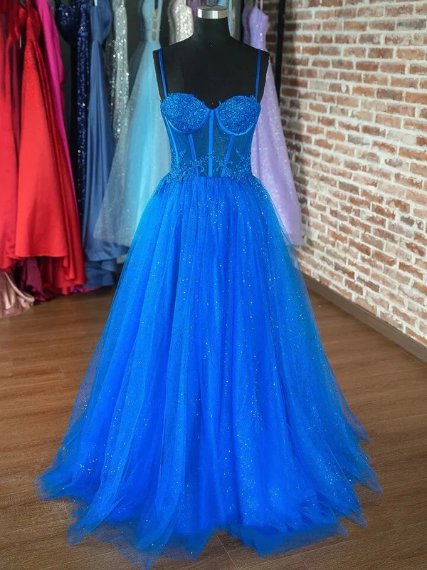 Blue Spaghetti Strap Lace Tulle Formal Evening Dress, Lace Blue Sweetheart Neck Prom Dress Tunics Denim casual