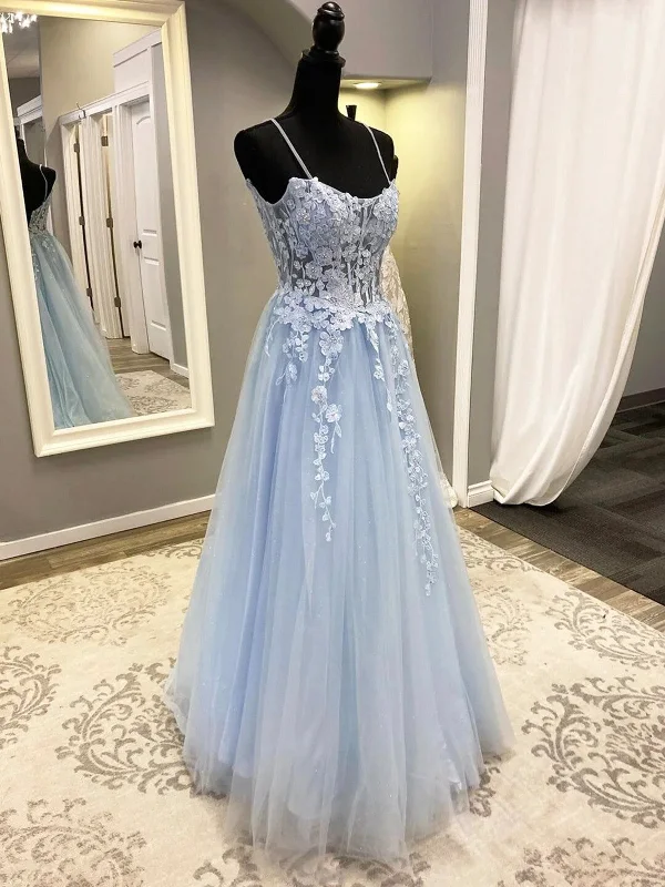 Blue Spaghetti Strap Tulle Lace Long Prom Dress , Lace Blue A-Line Formal  Evening Party Dress empire Waist empire