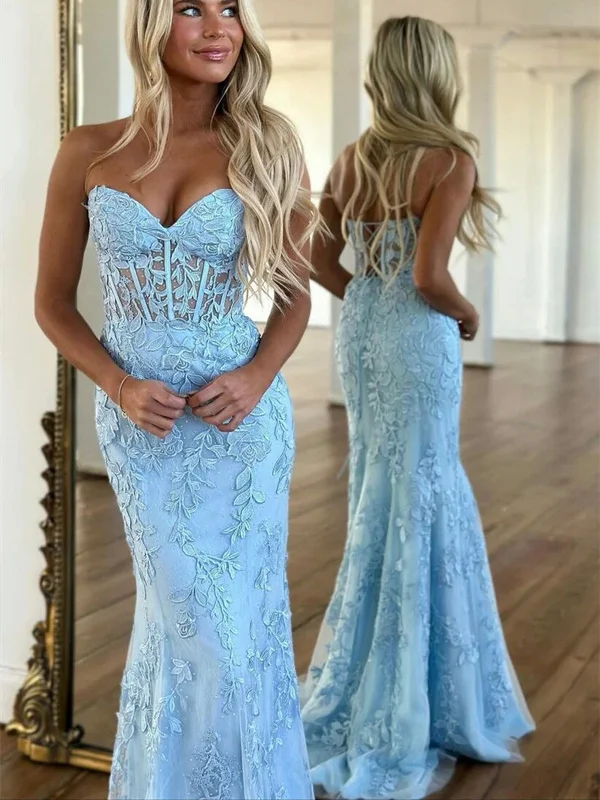 Blue Strapless Tulle Long Prom Dress with Lace, Mermaid Evening Dress Halter Neckline Beach