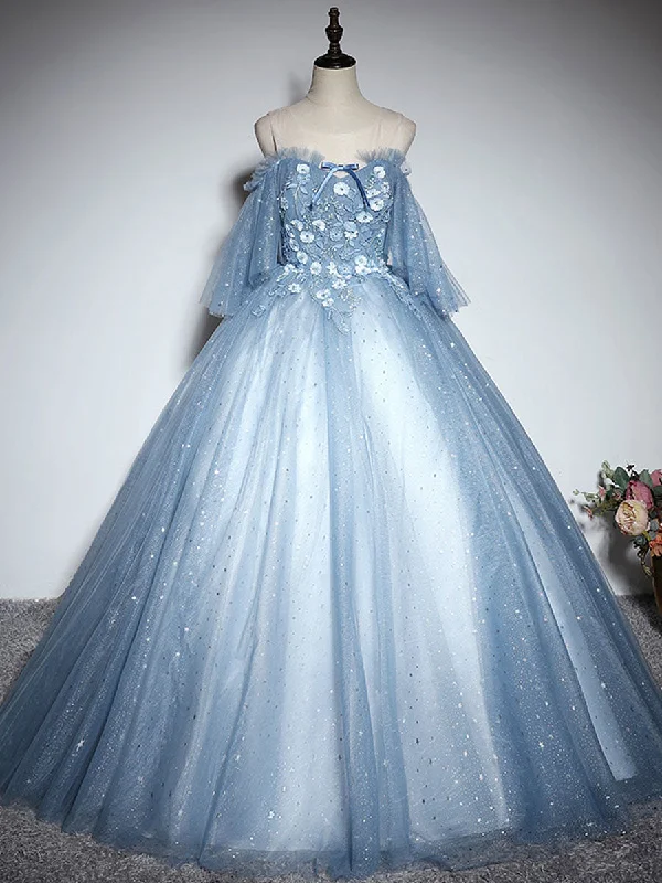 Blue Sweetheart Neck Tulle Lace Long Prom Dress, Blue Evening Dress Tunics Luxurious high-end