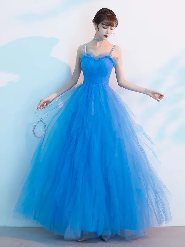 Blue Sweetheart Neck Tulle Long Prom Dress, Blue Evening Dress Tunics Silk luxurious