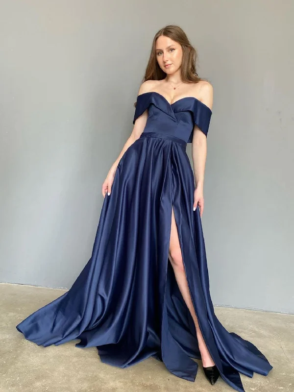 Blue Sweetheart Off Shoulder Satin Long Prom Dress, Blue Formal Graduation Party Dress Tunics Silk luxurious