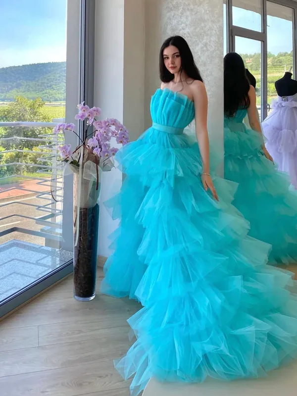 Blue Tulle High Low Prom Dresses, Blue Tulle High Low Long Formal Evening Dresses Tunics Short Trendy