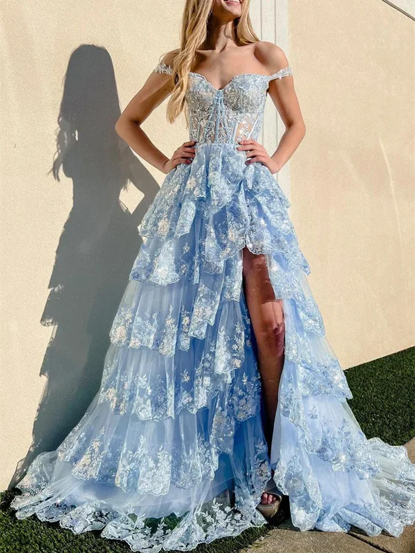 Blue Tulle Lace Long Prom Dress, Off the Shoulder Evening Dress Party Dress Tunics Recommended stylist