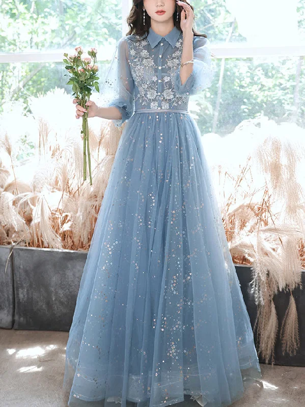 Blue Tulle Lace Sequin Long Prom Dress, A-line Blue Evening Dress Tunics Cozy comfortable