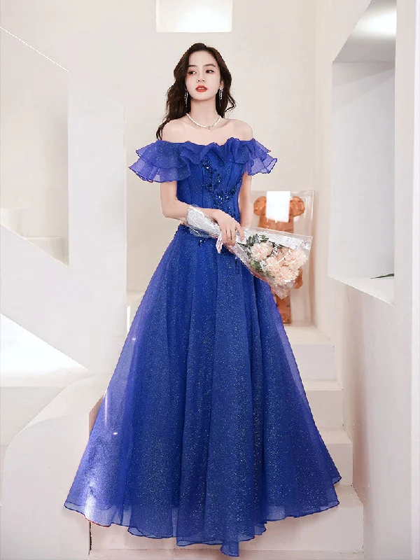 Blue Tulle Off Shoulder Long Prom Dress, Tulle A line Evening Dress Square Neckline Feminine