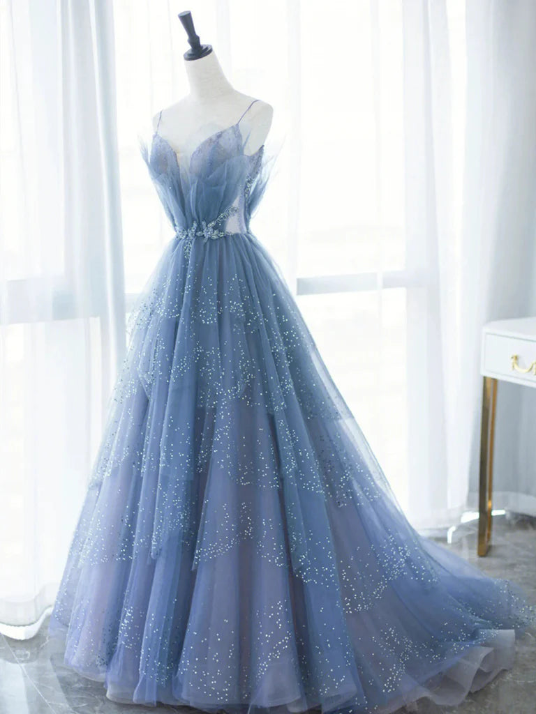 Blue Tulle Puffy Long Prom Dresses, Blue Tulle Long Formal Evening Dresses Mermaid Tail Wedding