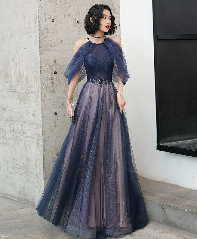 Blue Tulle Sequin Long Prom Dress Blue Tulle Evening Dress Tunics Fleece cozy