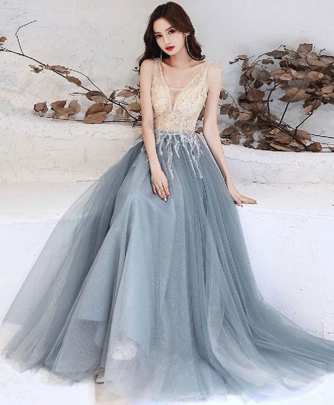 Gray Blue Tulle V Neck Sequin Long Prom Dress Blue Formal Evening Dress Boat Neckline Classic