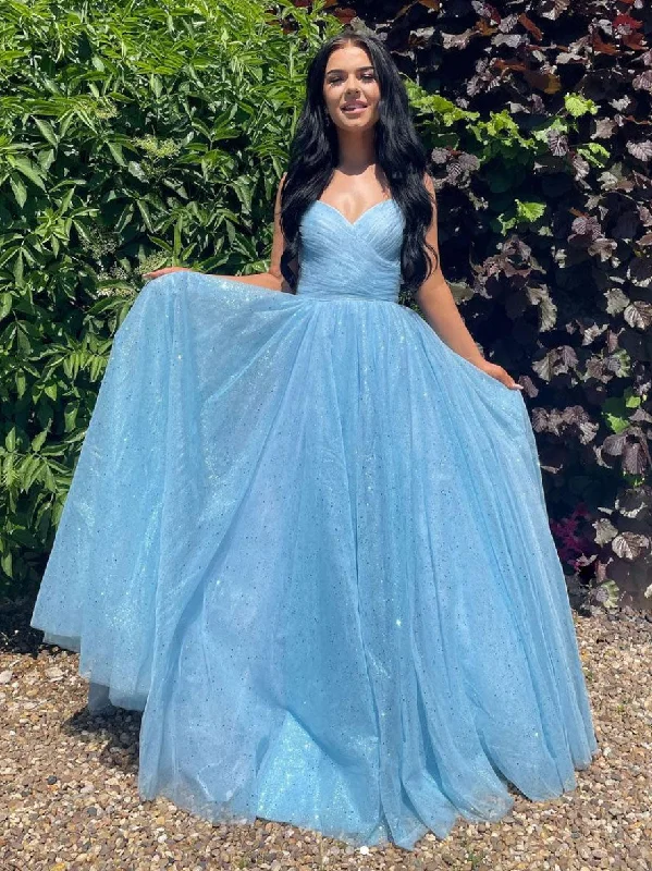 Blue V Neck Tulle Long Prom Dress, Blue Tulle Evening Dress Tunics Stylish elegant