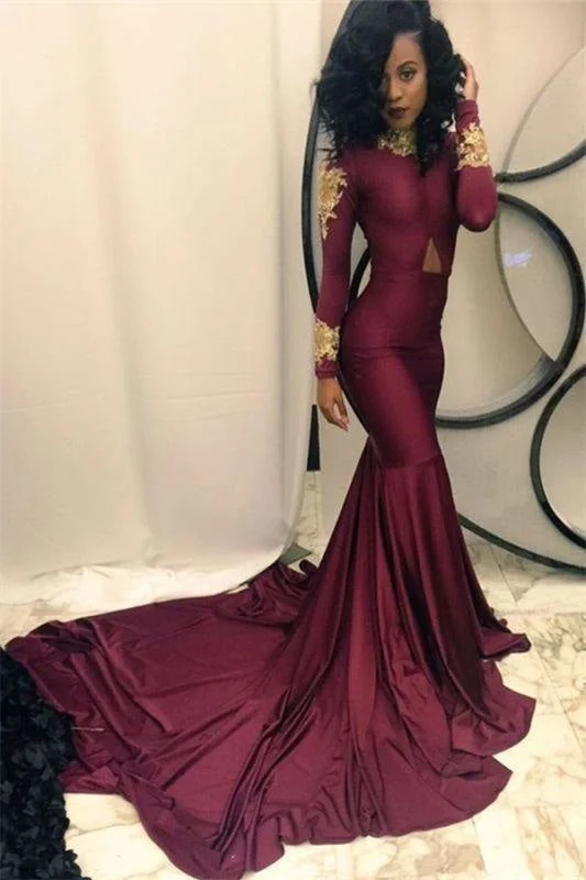 Bridelily Gold Appliques Burgundy Mermaid Evening Dress High Neck Long Sleeves 2019 Prom Dresses qq0103 Tunics Exclusive limited